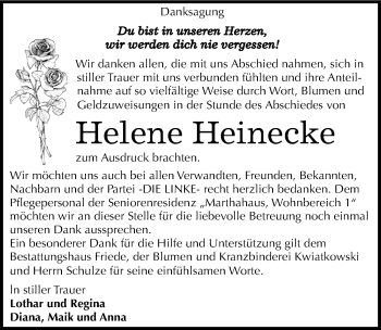 Traueranzeige von Helene Heinecke von Mitteldeutsche Zeitung Dessau-Roßlau