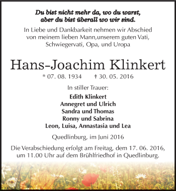 Traueranzeige von Hans-Joachim Klinkert von Mitteldeutsche Zeitung Quedlinburg