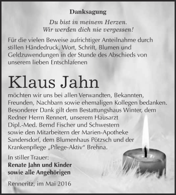Traueranzeige von Klaus Jahn von WVG - Wochenspiegel Bitterfeld