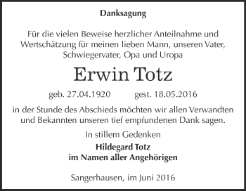 Traueranzeige von Erwin Totz von Super Sonntag SGH Mansf. Land