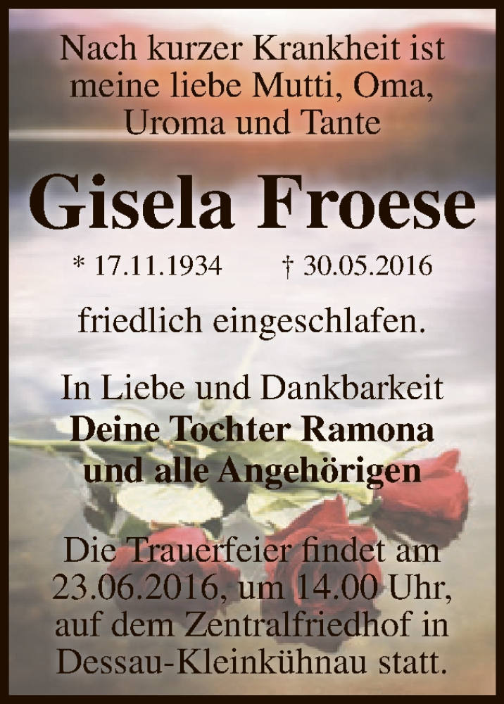  Traueranzeige für Gisela Froese vom 11.06.2016 aus WVG - Wochenspiegel Dessau / Köthen