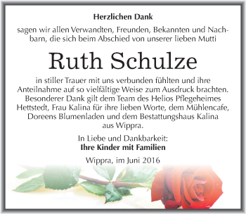 Traueranzeige von Ruth Schulze von Mitteldeutsche Zeitung Mansfelder Land