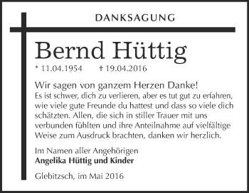 Traueranzeige von Bernd Hüttig von WVG - Wochenspiegel Bitterfeld