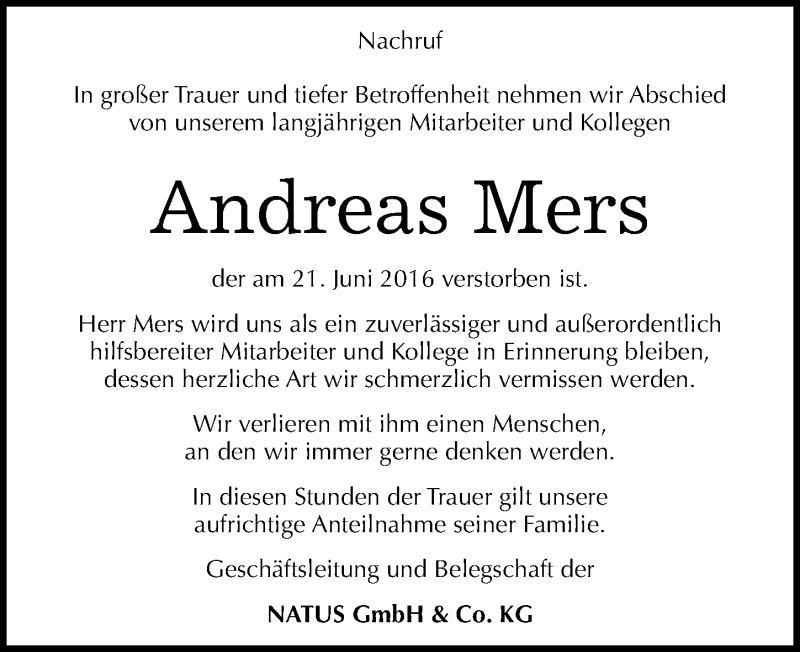  Traueranzeige für Andreas Mers vom 29.06.2016 aus Mitteldeutsche Zeitung Dessau-Roßlau