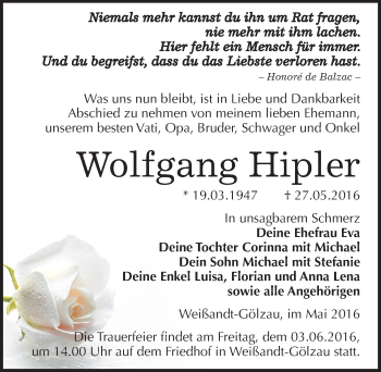 Traueranzeige von Wolfgang Hipler von Mitteldeutsche Zeitung Köthen