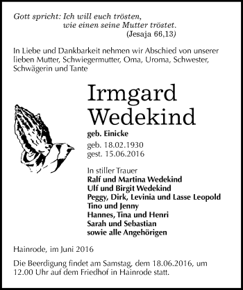 Traueranzeige von Irmgard Wedekind von Mitteldeutsche Zeitung Sangerhausen