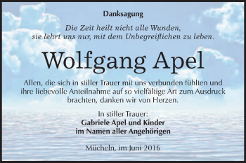Traueranzeige von Wolfgang Apel von WVG - Wochenspiegel Merseburg