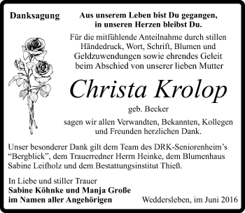Traueranzeige von Christa Krolop von Mitteldeutsche Zeitung Quedlinburg
