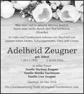 Traueranzeige von Adelheid Zeugner von WVG - Wochenspiegel Merseburg