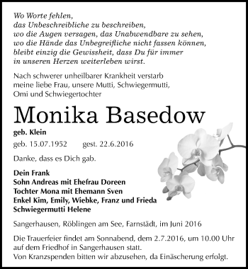 Traueranzeige von Monika Basedow von Mitteldeutsche Zeitung Sangerhausen