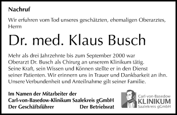 Traueranzeige von Klaus Busch von Mitteldeutsche Zeitung Merseburg/Querfurt