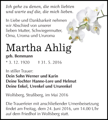 Traueranzeige von Martha Ahlig von Super Sonntag SGH Mansf. Land
