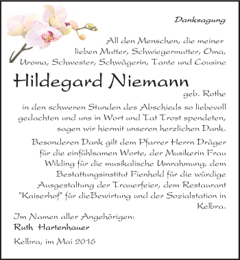 Traueranzeige von Hildegard Niemann von Mitteldeutsche Zeitung Sangerhausen