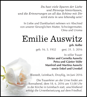 Traueranzeige von Emilie Auswitz von Super Sonntag SGH Mansf. Land