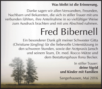 Traueranzeige von Fred Bibernell von Mitteldeutsche Zeitung Sangerhausen
