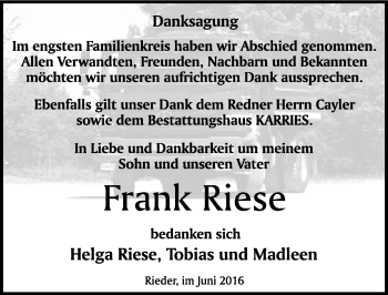 Traueranzeige von Frank Riese von Mitteldeutsche Zeitung Quedlinburg