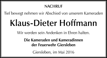 Traueranzeige von Klaus-Dieter Hoffmann von Mitteldeutsche Zeitung Aschersleben