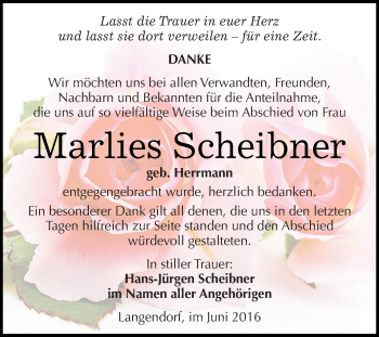 Traueranzeige von Marlies Scheibner von WVG - Wochenspiegel NMB / WSF / ZTZ