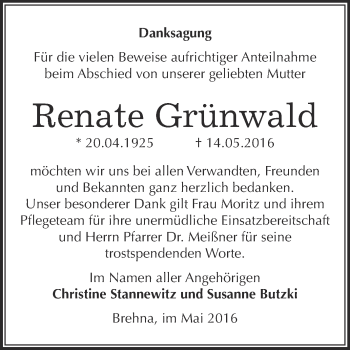 Traueranzeige von Renate Grünwald von WVG - Wochenspiegel Bitterfeld