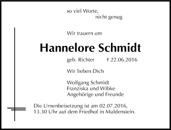 Traueranzeige von Hannelore Schmidt von Mitteldeutsche Zeitung Bitterfeld