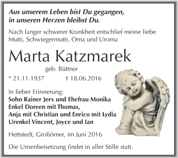 Traueranzeige von Marta Katzmarek von Wochenspiegel Mansfelder Land