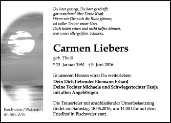 Traueranzeige von Carmen Liebers von Mitteldeutsche Zeitung Bitterfeld