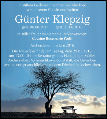 Traueranzeige von Günter Klepzig von Super Sonntag Aschersleben