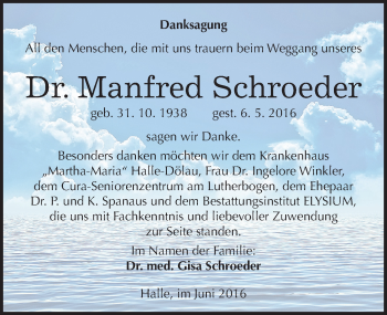Traueranzeige von Manfred Schroeder von Mitteldeutsche Zeitung Halle/Saalkreis