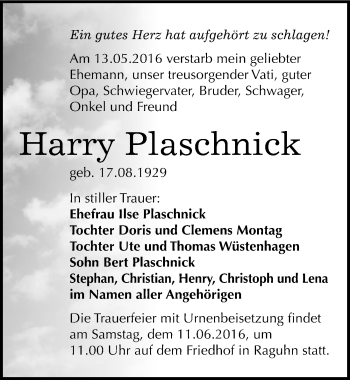 Traueranzeige von Harry Plaschnick von Mitteldeutsche Zeitung Bitterfeld
