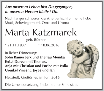 Traueranzeige von Marta Katzmarek von Mitteldeutsche Zeitung Mansfelder Land
