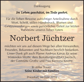 Traueranzeige von Norbert Jüchtzer von Mitteldeutsche Zeitung Köthen