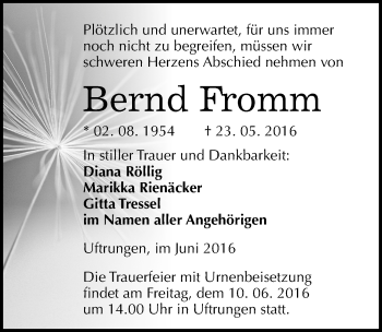 Traueranzeige von Bernd Fromm von Mitteldeutsche Zeitung Sangerhausen