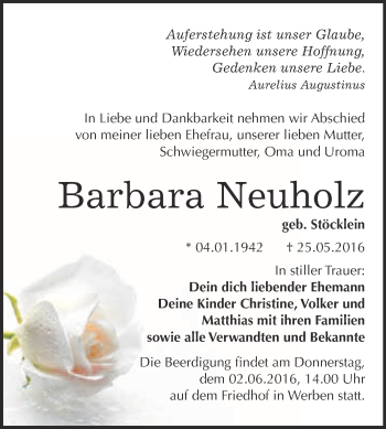 Traueranzeige von Barbara Neuholz von WVG - Wochenspiegel Bitterfeld