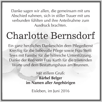 Traueranzeige von Charlotte Bernsdorf von Wochenspiegel Mansfelder Land
