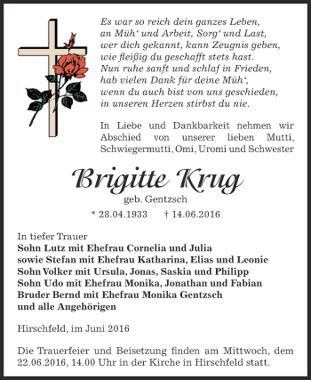 Traueranzeige von Brigitte Krug von Super Sonntag Zeitz