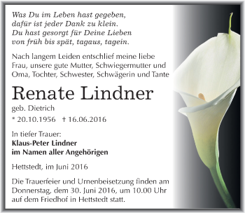 Traueranzeige von Renate Lindner von Mitteldeutsche Zeitung Mansfelder Land