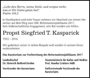 Traueranzeige von Siegfried T. Kasparick von Mitteldeutsche Zeitung Wittenberg