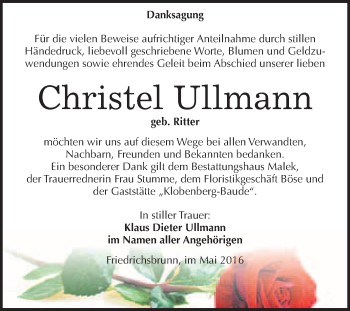 Traueranzeige von Christel Ullmann von WVG - Wochenspiegel Quedlinburg