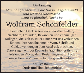 Traueranzeige von Wolfram Schönfelder von Mitteldeutsche Zeitung Merseburg/Querfurt