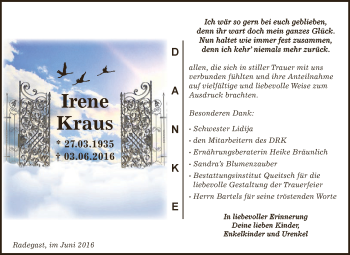 Traueranzeige von Irene Kraus von WVG - Wochenspiegel Dessau / Köthen