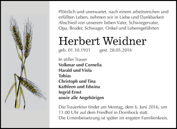 Traueranzeige von Herbert Weidner von WVG - Wochenspiegel Dessau / Köthen