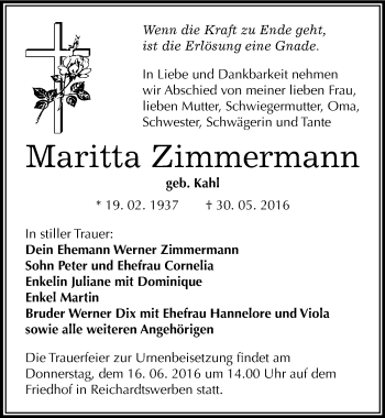 Traueranzeige von Maritta Zimmermann von Mitteldeutsche Zeitung Weißenfels