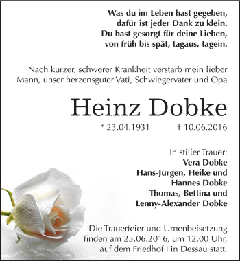 Traueranzeige von Heinz Dobke von Mitteldeutsche Zeitung Dessau-Roßlau