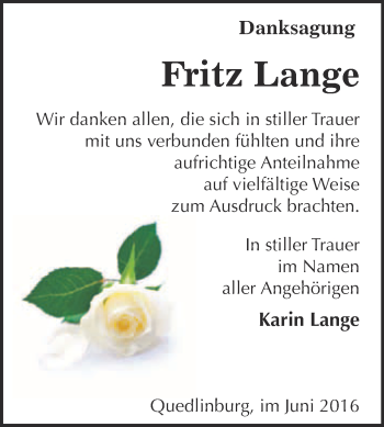 Traueranzeige von Fritz Lange von Super Sonntag Quedlinburg