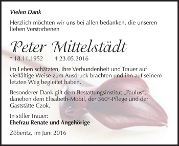 Traueranzeige von Peter Mittelstädt von Mitteldeutsche Zeitung Halle/Saalkreis