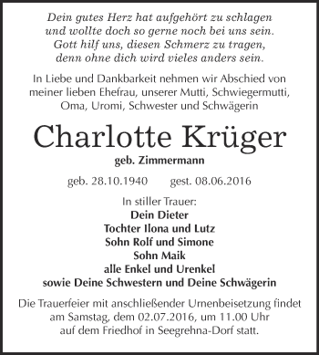 Traueranzeige von Charlotte Krüger von WVG - Wochenspiegel Wittenberg