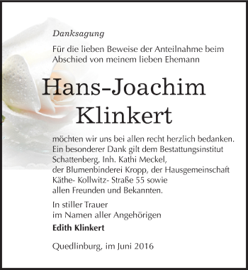 Traueranzeige von Hans-Joachim Klinkert von Mitteldeutsche Zeitung Quedlinburg
