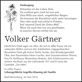 Traueranzeige von Volker Gärtner von Super Sonntag Merseburg