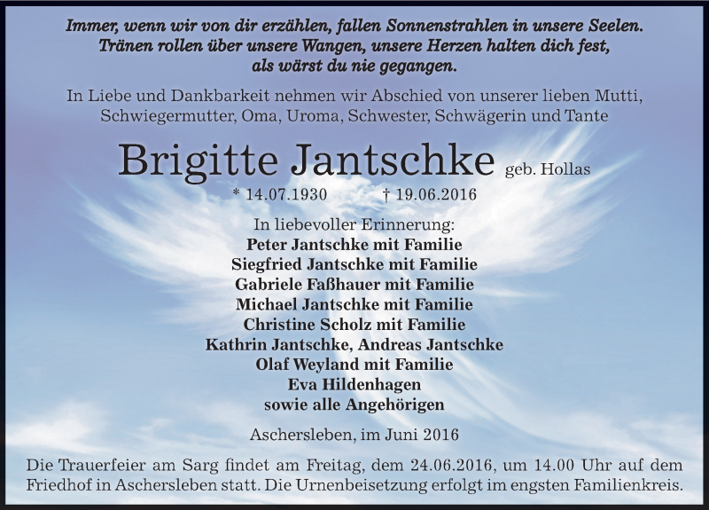  Traueranzeige für Brigitte Jantschke vom 23.06.2016 aus Mitteldeutsche Zeitung Aschersleben