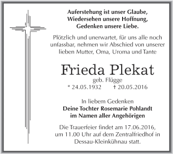 Traueranzeige von Frieda Plekat von WVG - Wochenspiegel Dessau / Köthen